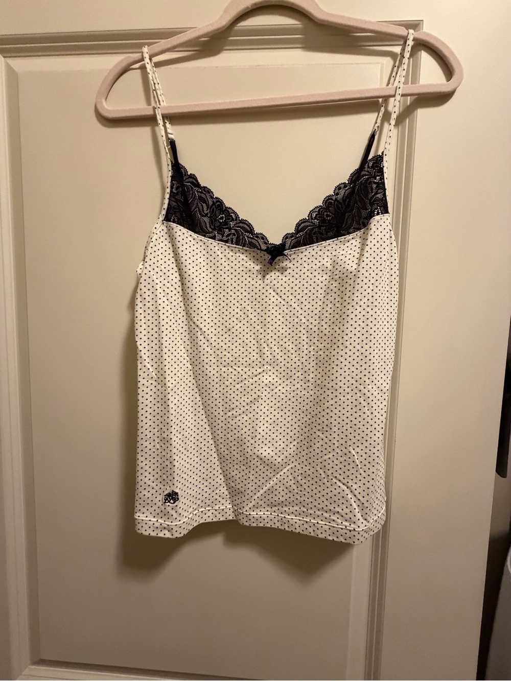 Ralph Lauren White Polka Dot Cami with Black Lace Trim